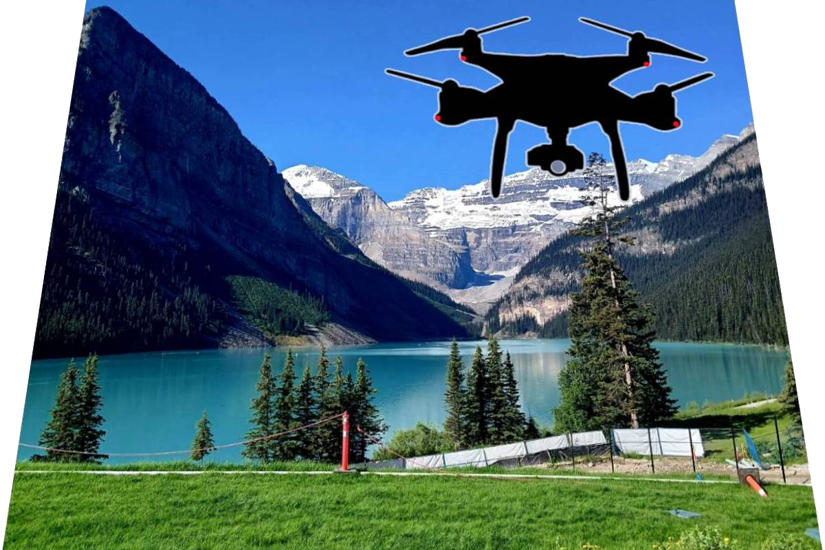 Drone flying over a beautiful lake at Banff National Park, British Columbia
