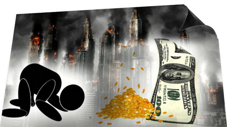 A person bowing down to money and a stack of gold, with a city burning in the background