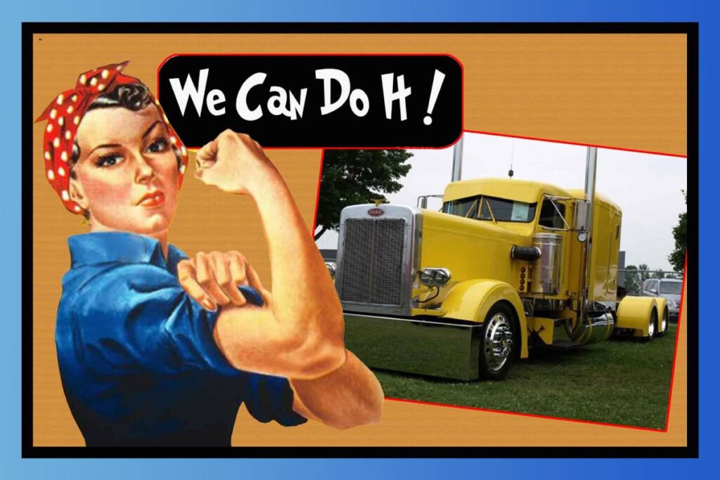 Rosie the Riveter and a Yellow Highway Peterbilt Truck