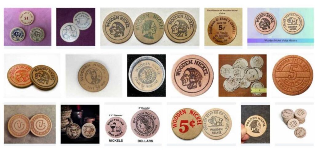 A variety of wooden nickels with advertising printed on them.